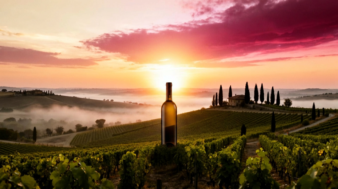 Sunrise rising behind a wine bottle silhouette over a Tuscan vineyard