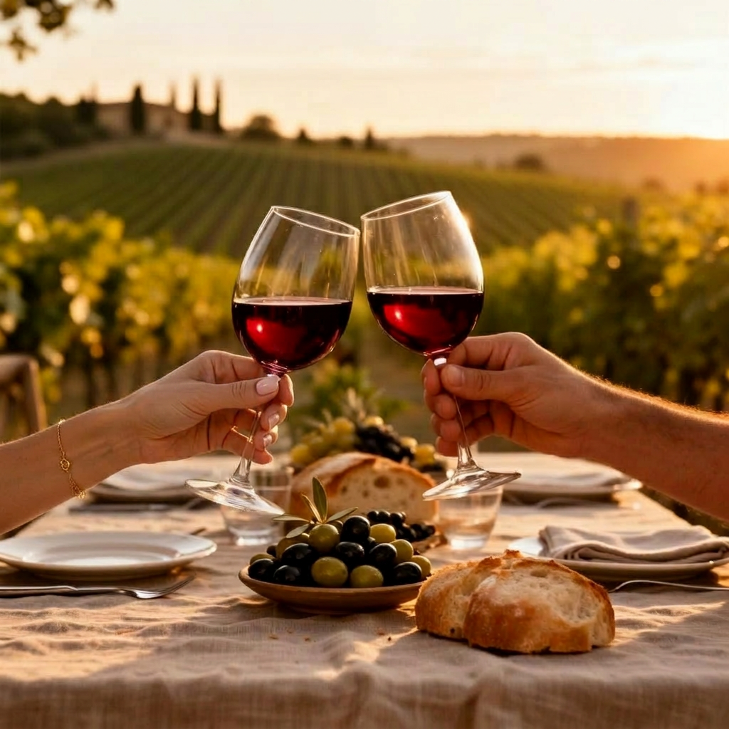 Two glasses of red wine clinking over a Tuscan dinner table