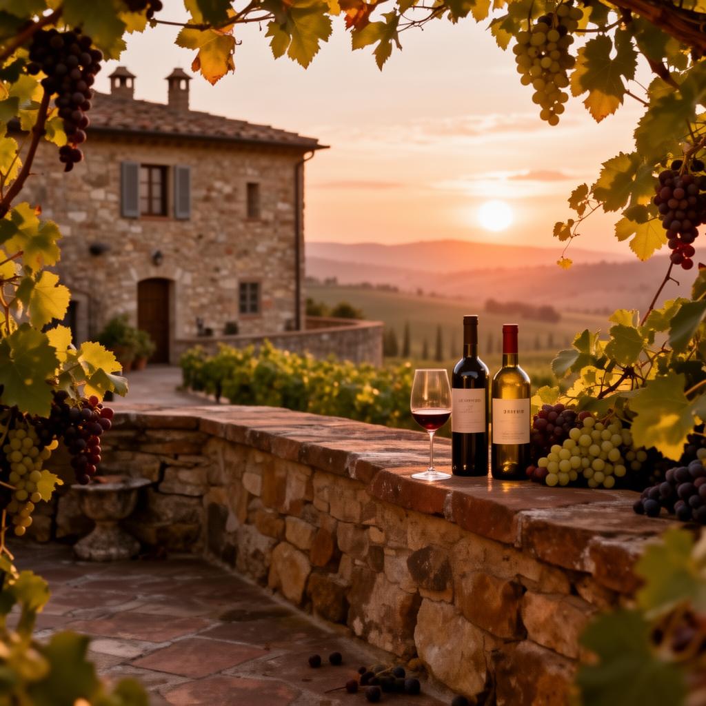 Stone villa terrace in Tuscany at sunset with wine bottles
