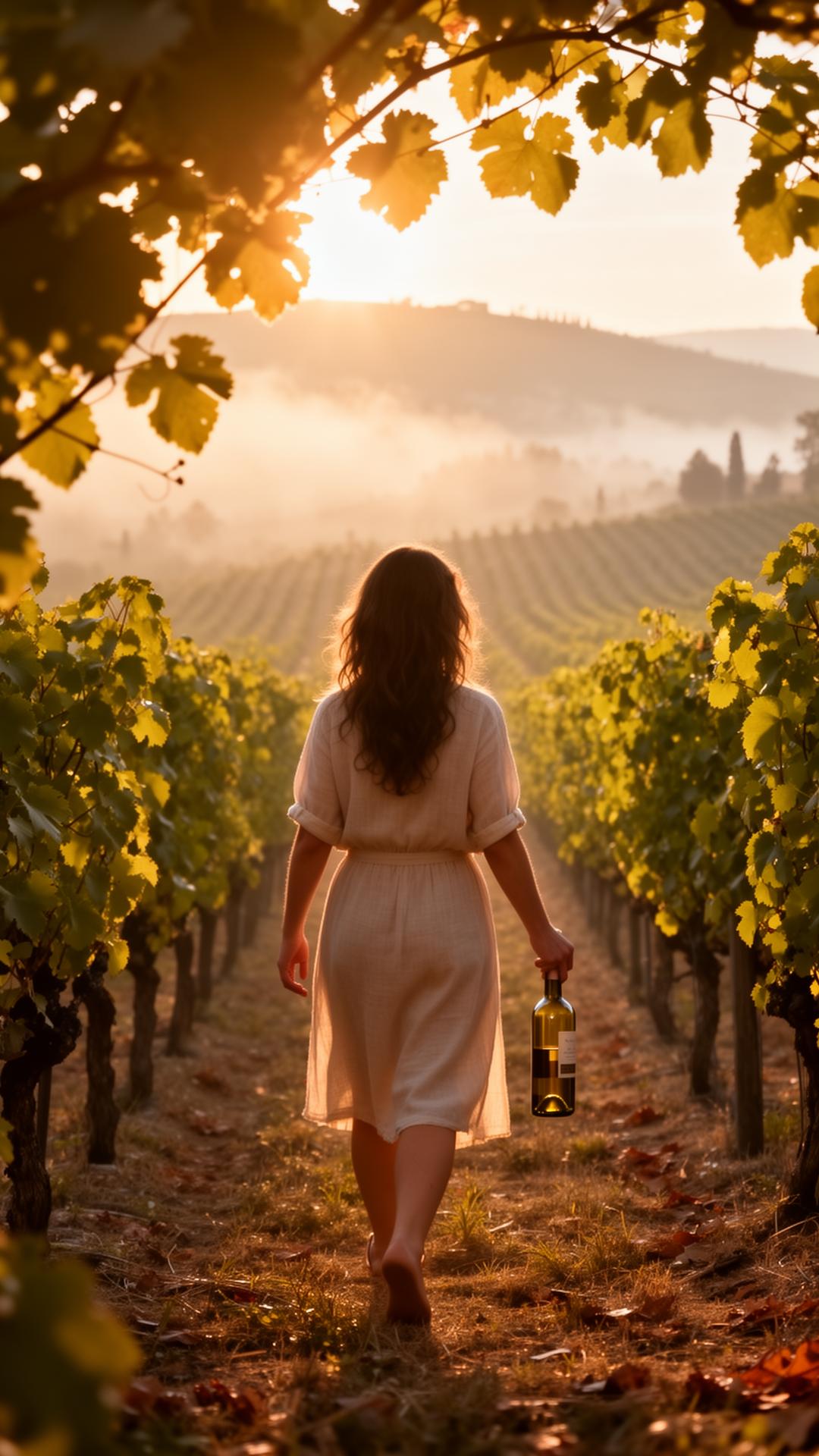 Walking through a Tuscan vineyard at sunrise